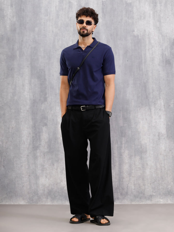 Solid Textured Slim Fit Polo T-Shirt  | Navy Blue