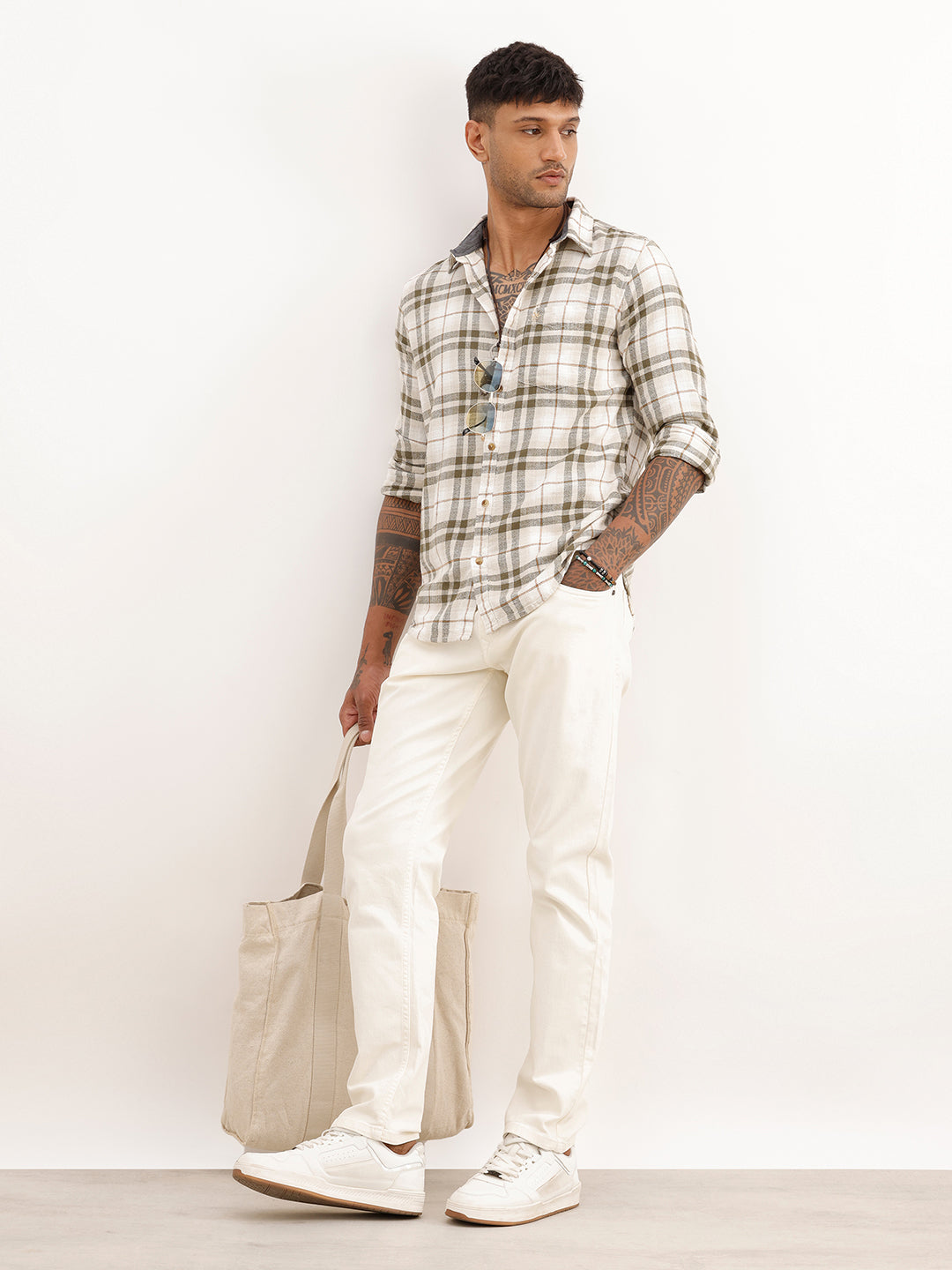Slim Fit Checkered Full Sleeve Shirt | Olive