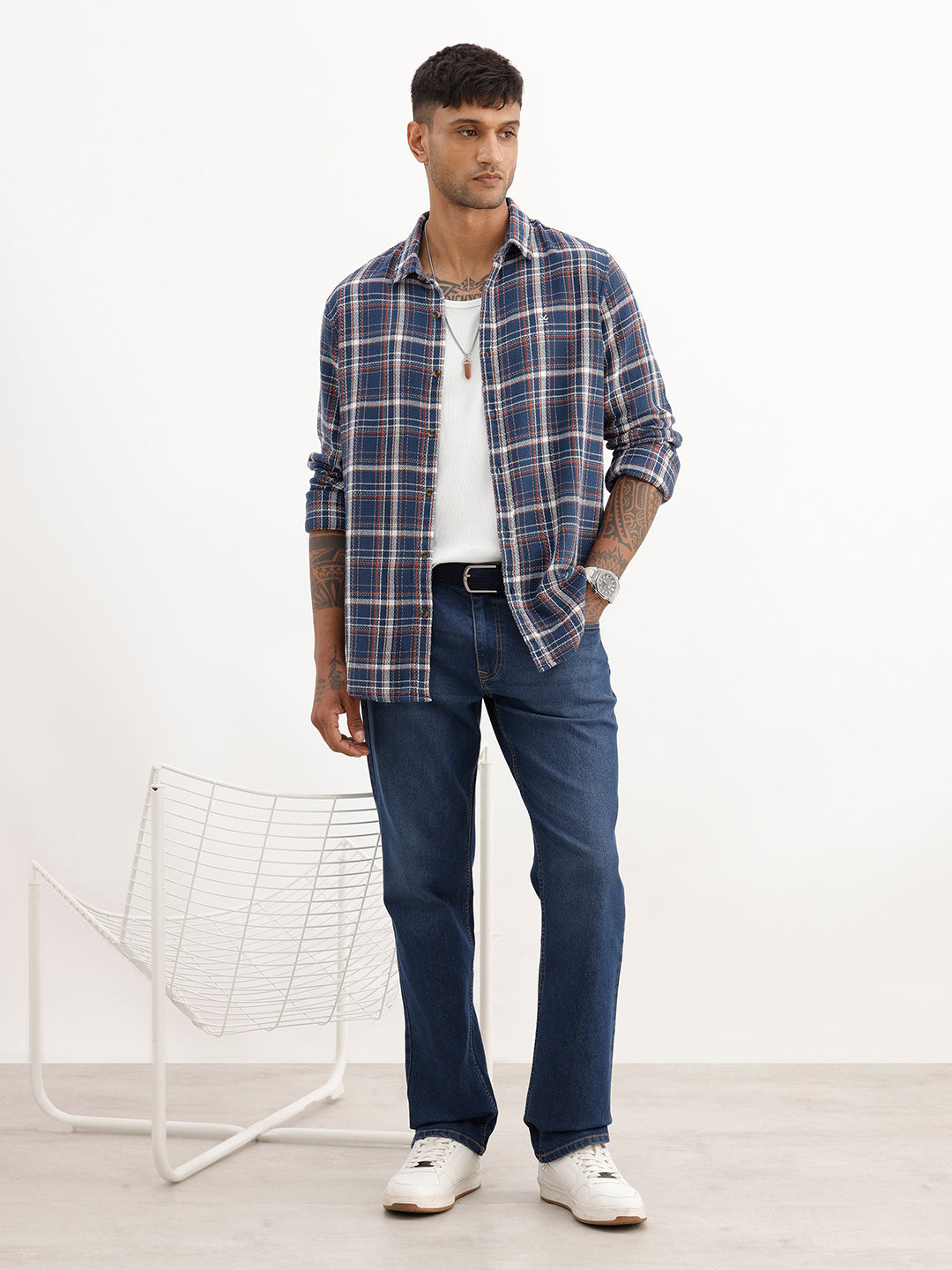 Slim Fit Checkered Full Sleeve Shirt | Navy Blue