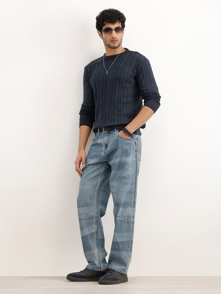 Textured Regular Fit Knitted Sweater | Blue