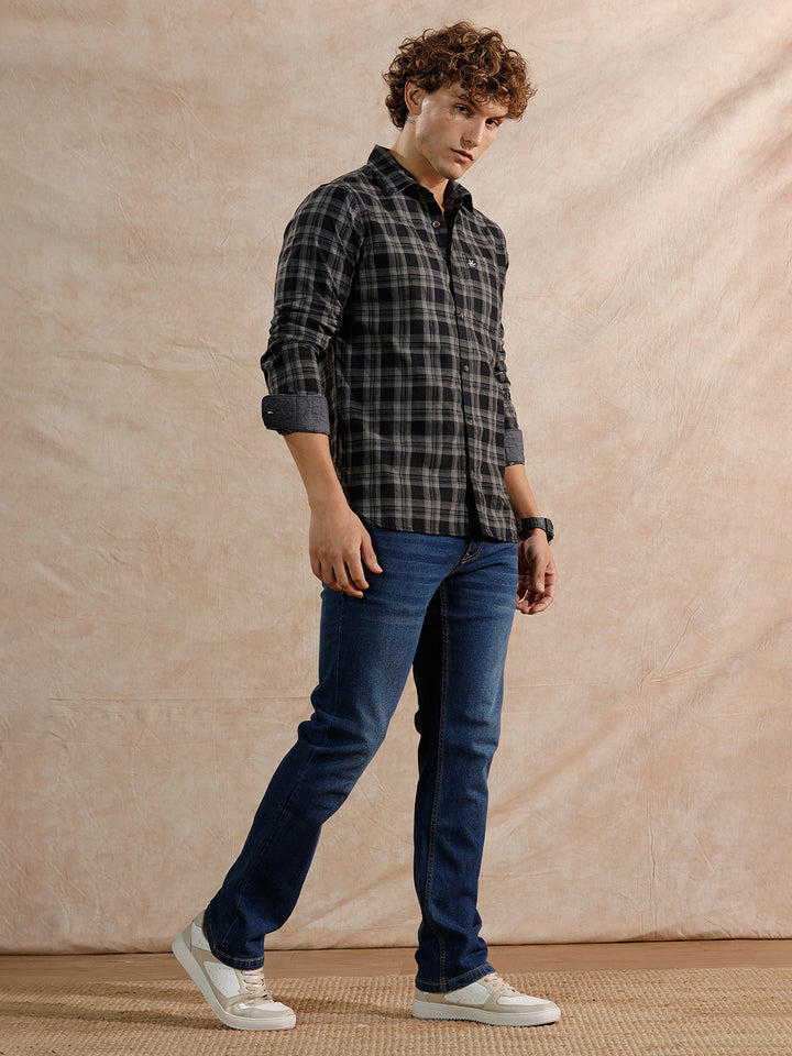 Tonal Checked Regular Fit Cotton Shirt | Black