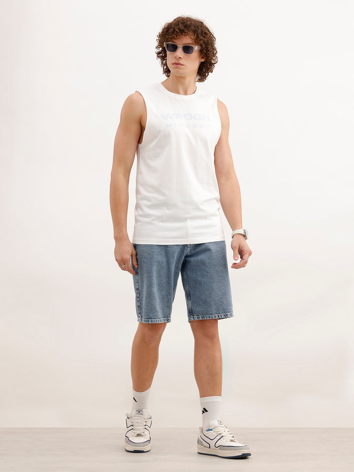 Slim Fit Printed Cut Off sleeves T-Shirt | White