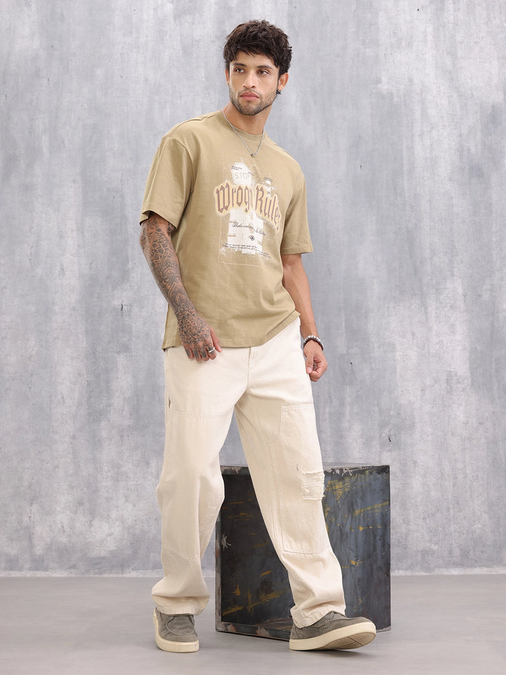Retro Graphic Printed Oversized Fit T-shirt | Beige