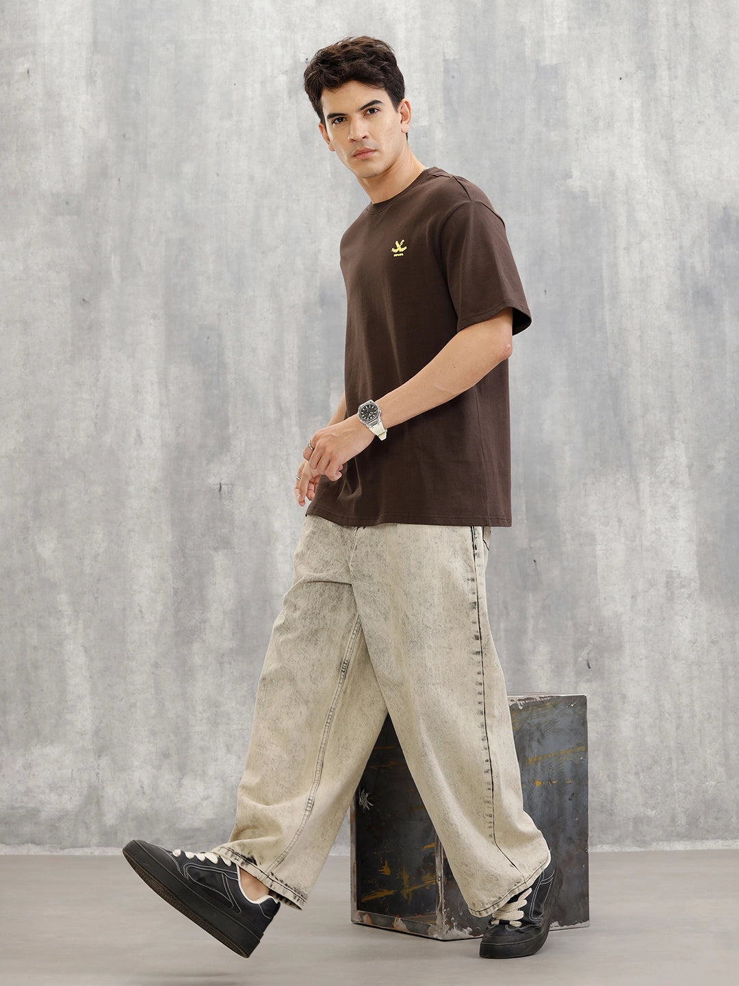Embroidered & Printed Oversized T-Shirt | Brown