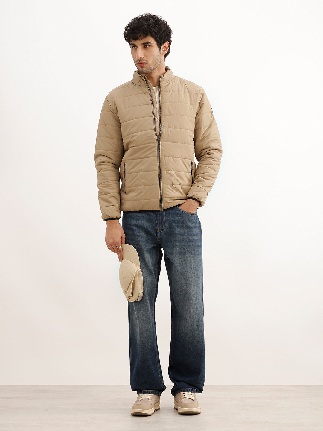 Solid Regular Fit Puffer Jacket | Brown