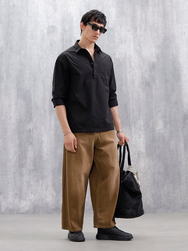 Men's Solid Causal Oversized Fit Shirt | Black