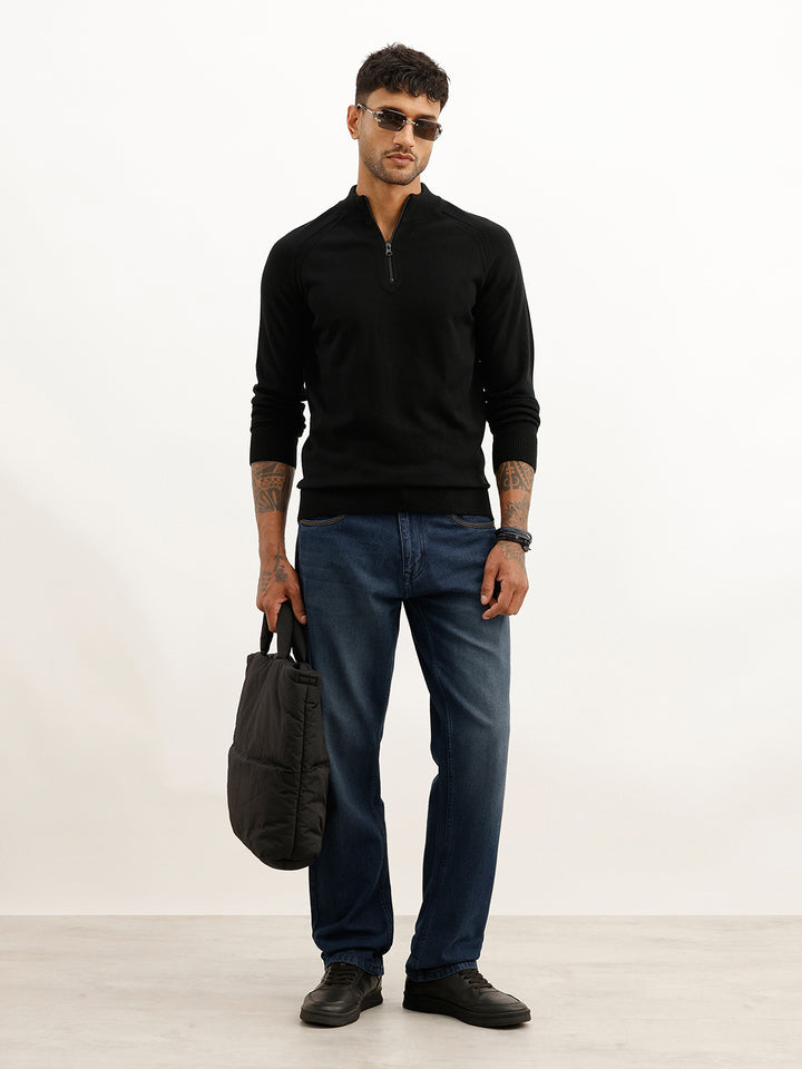 Solid Turtle Neck Semi-Zipper Sweatshirt | Black