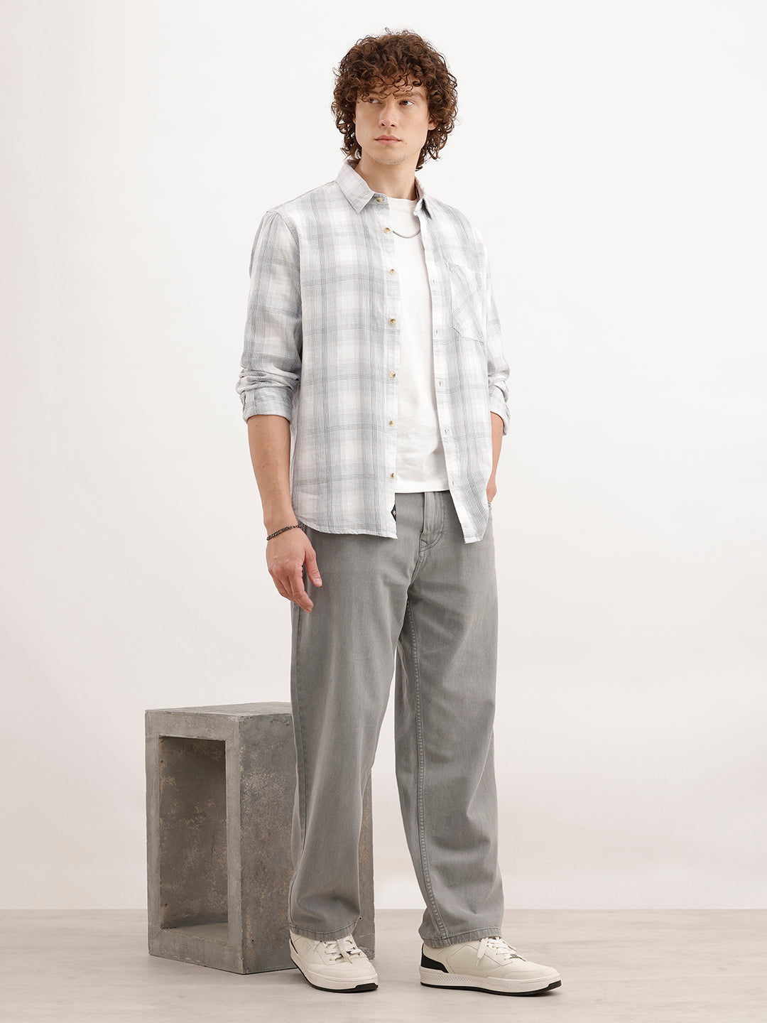 Slim Fit Checkered Shirt  | White