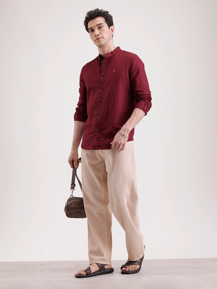 Slim Fit Mandrin Collar Linen Blend Shirt  | Wine