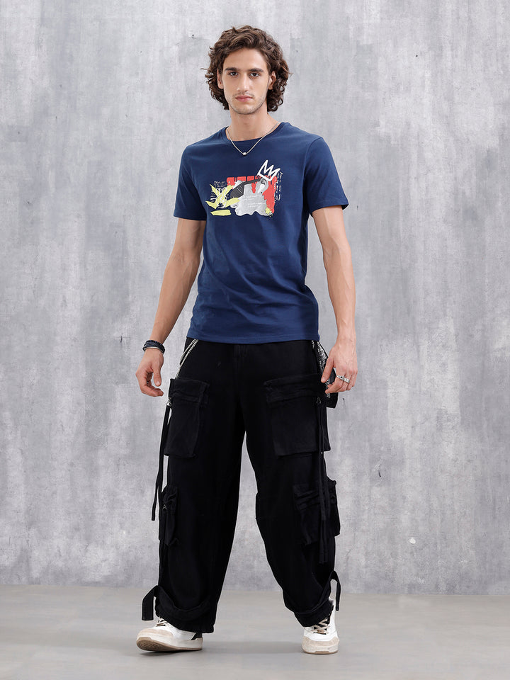 Graffiti Inspired Chest Graphic Slim Fit T-Shirt | Navy Blue