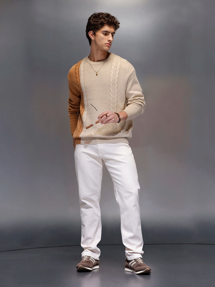 Men's Slim Fit Cable Knit Colorblocked Sweater  |  White