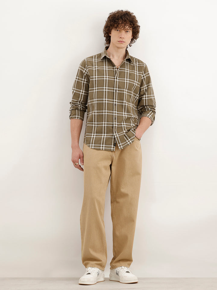 Slim Fit Checkered Shirt  | Olive