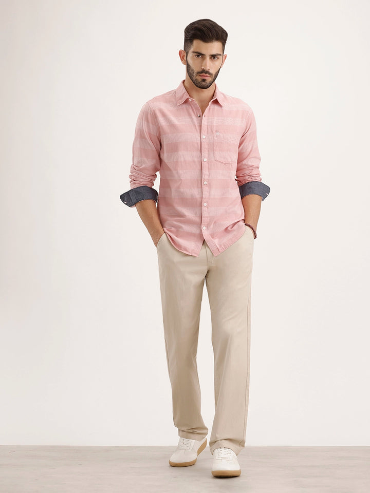 Regular Fit Striped Full Sleeve Shirt |Pink
