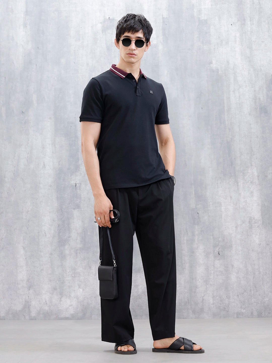 Wrogn Men's Slim Fit Polo T-Shirt With Contrast Collar | Black
