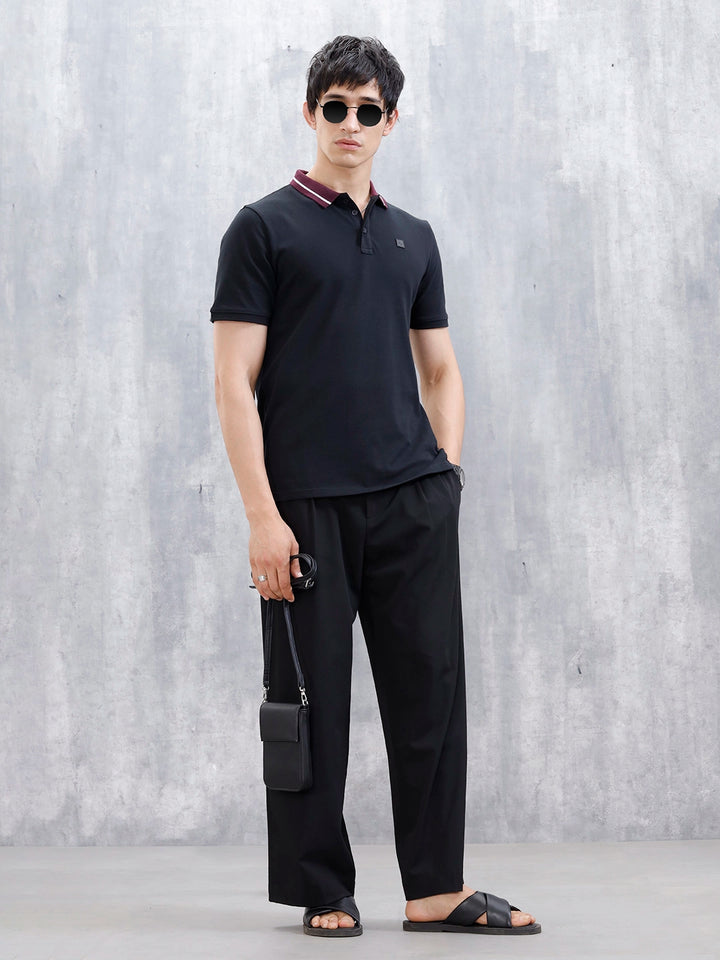 Wrogn Men's Slim Fit Polo T-Shirt With Contrast Collar | Black