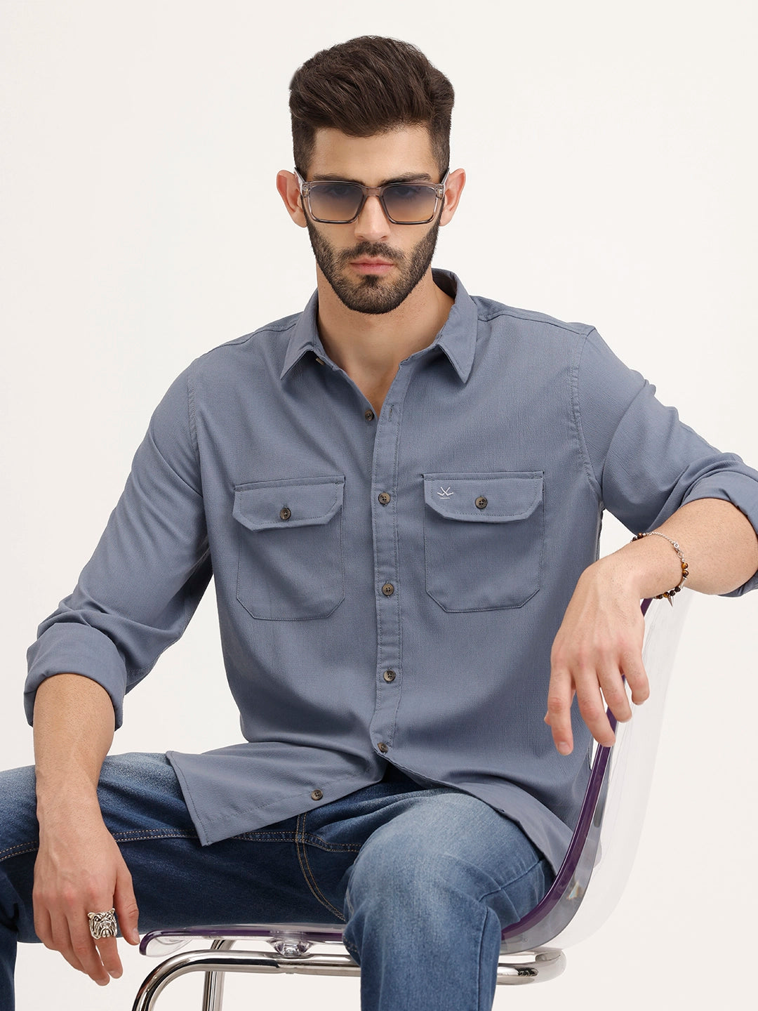 Regular Fit Double Pocket Shirt | Blue