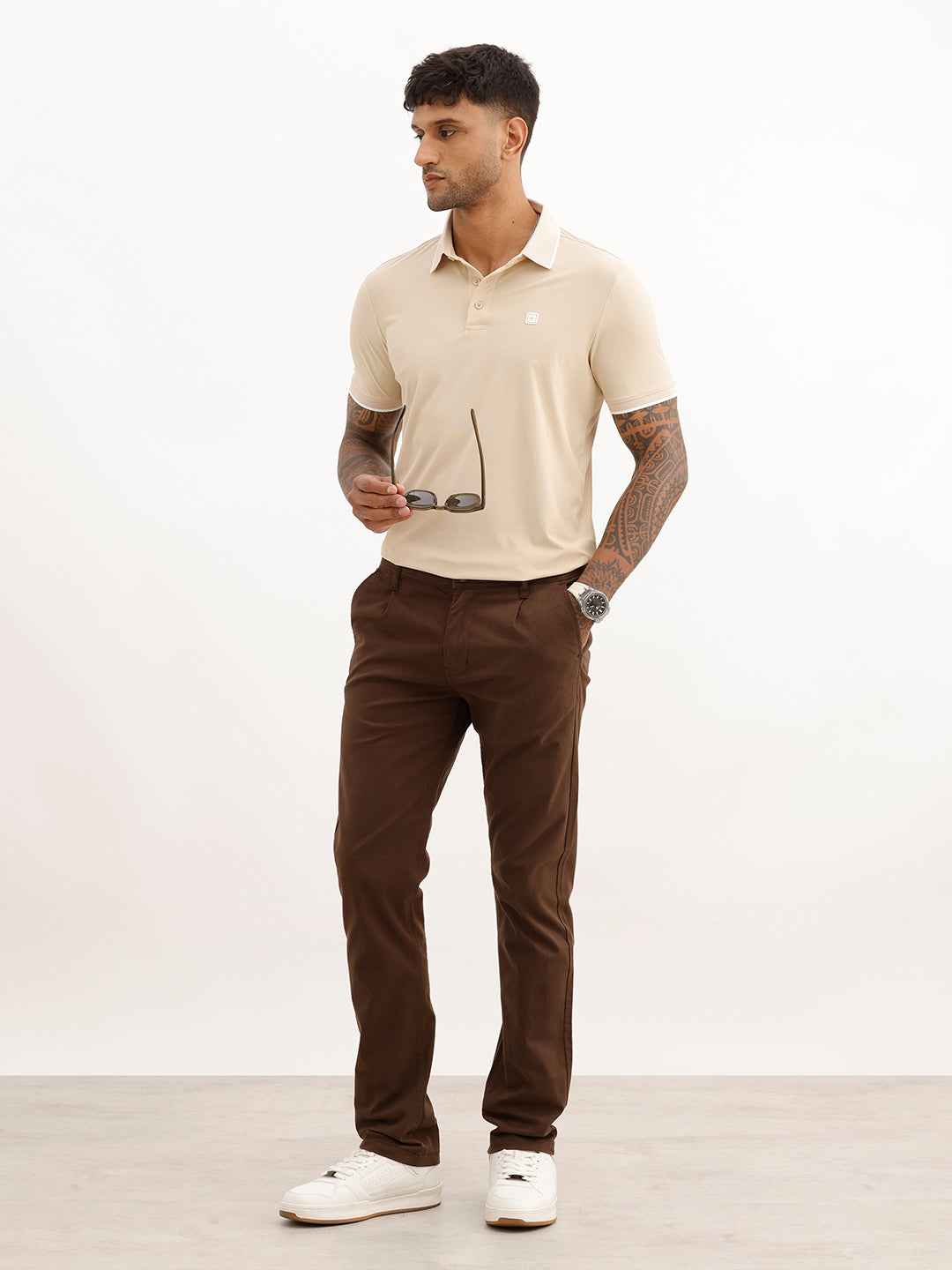 Slim Fit Solid Tipping Collar Polo T-Shirt | Beige