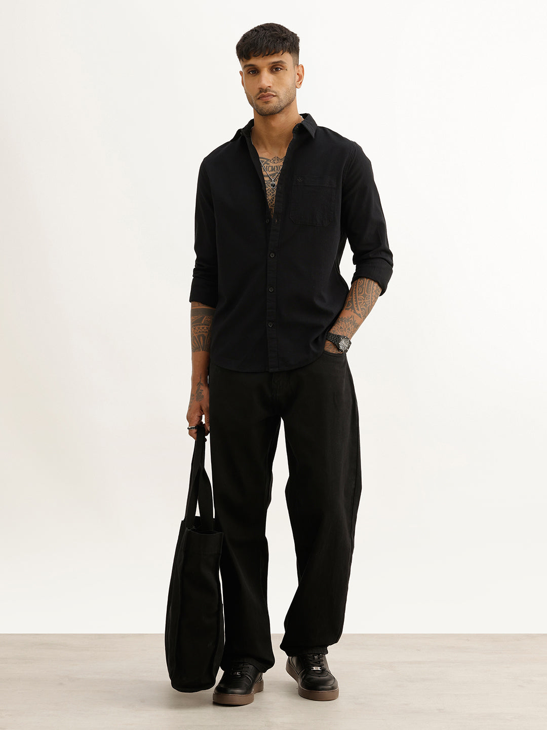 Regular Fit Textured Full Sleeve Shirt | Black