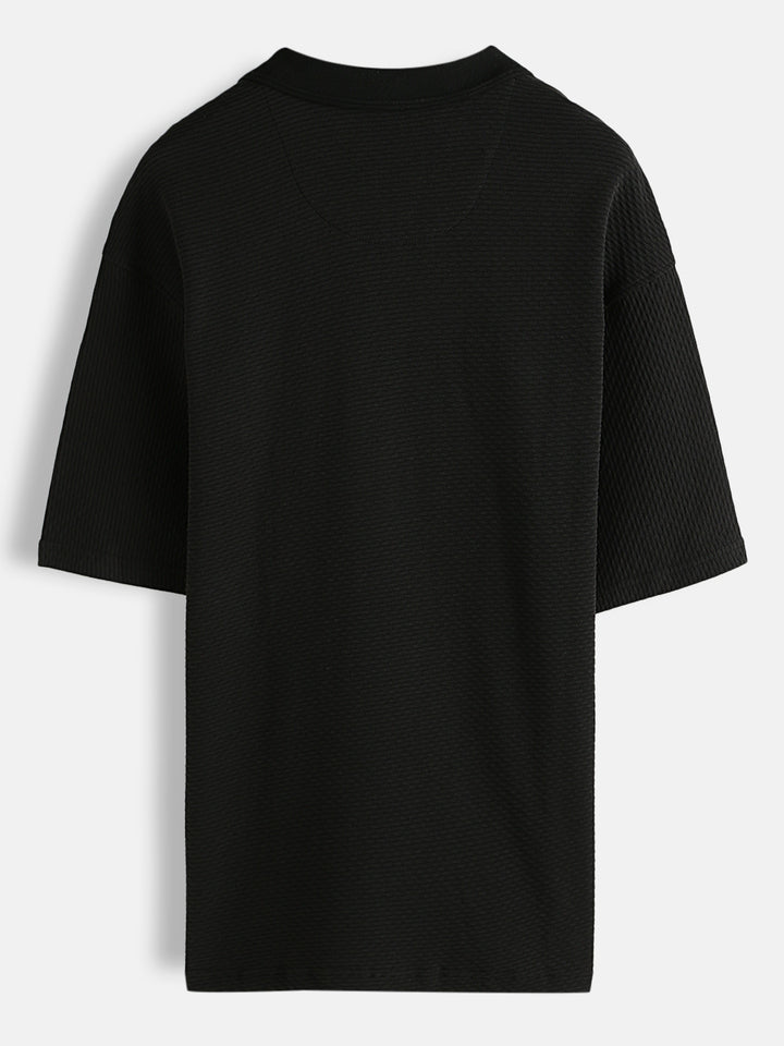 Solid Textured Oversized Polo T-Shirt | Black