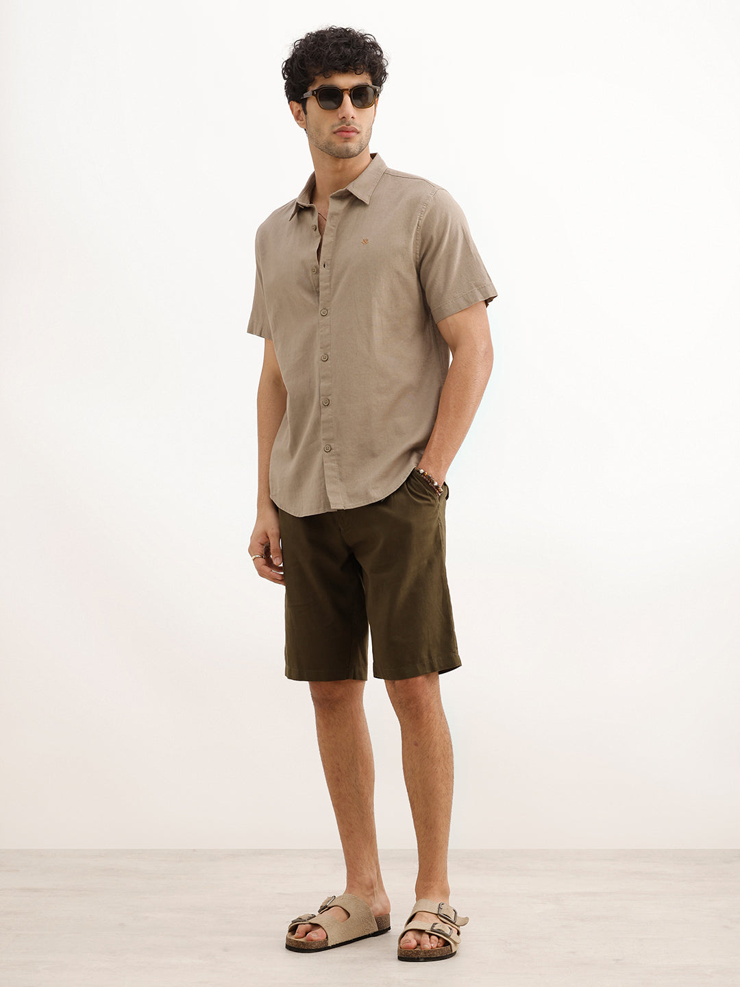 Solid Slim Fit Half Sleeve Shirt | Light Brown