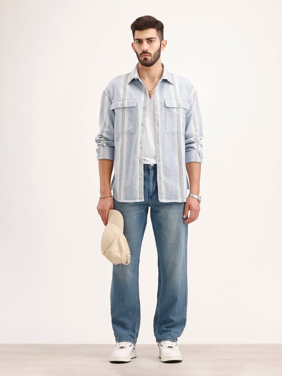 Textured Oversized Double Pocket Shirt | Blue