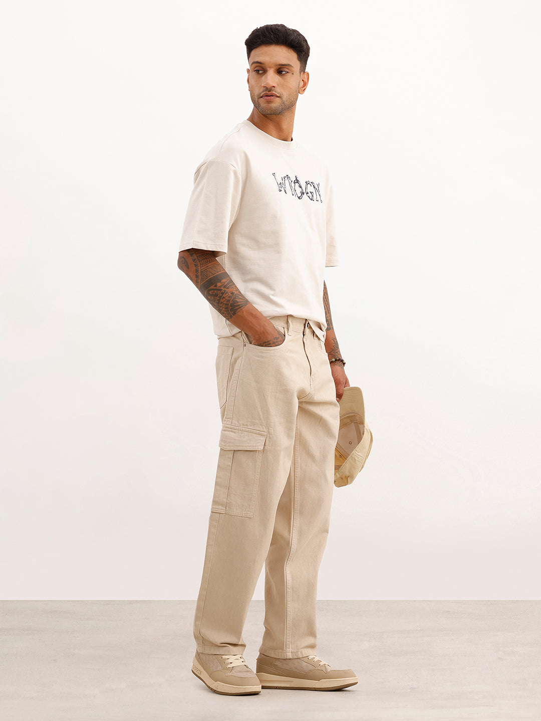 Solid Loose Fit Cargo Trouser | Beige