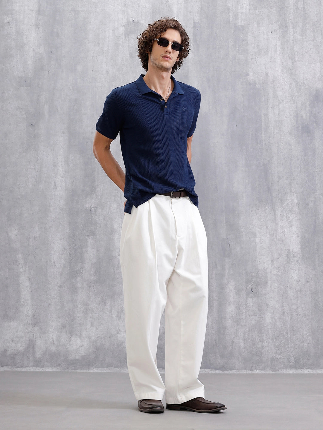 Waffle Textured Polo T-Shirt -  | Navy Blue