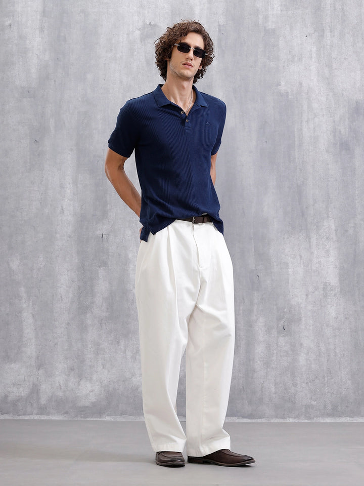Waffle Textured Polo T-Shirt -  | Navy Blue
