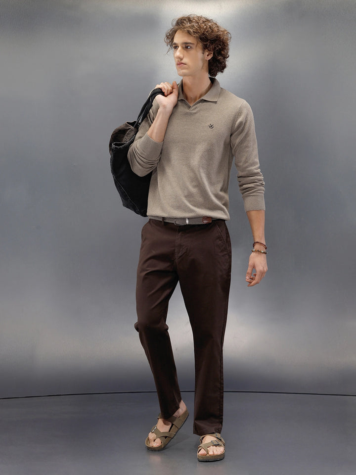 Regular Fit Solid Trousers In Premium Fabric | Dark Brown