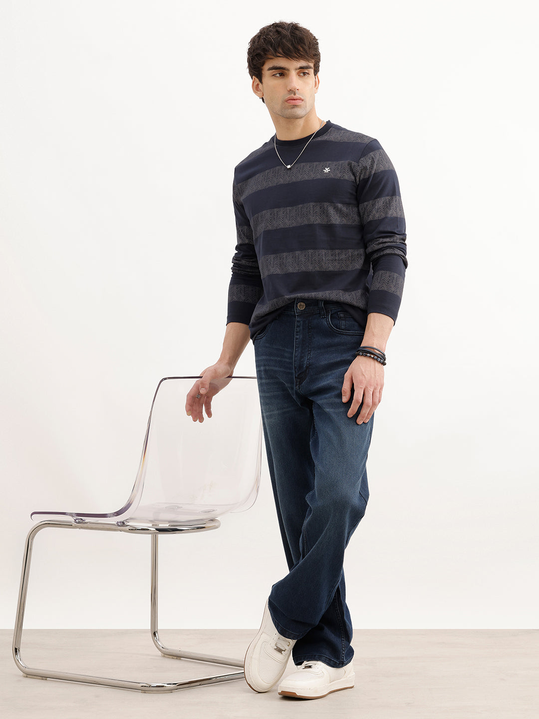 Slim Fit Striped Full Sleeve T-Shirt | Navy Blue | WKTS0446/NS