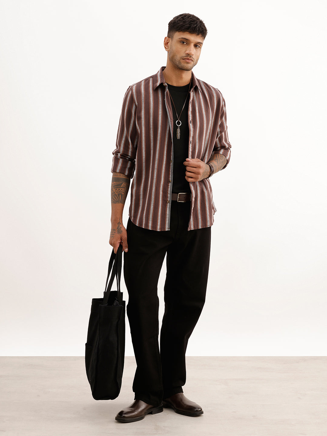 Slim Fit Striped Full Sleeve Shirt | Brown