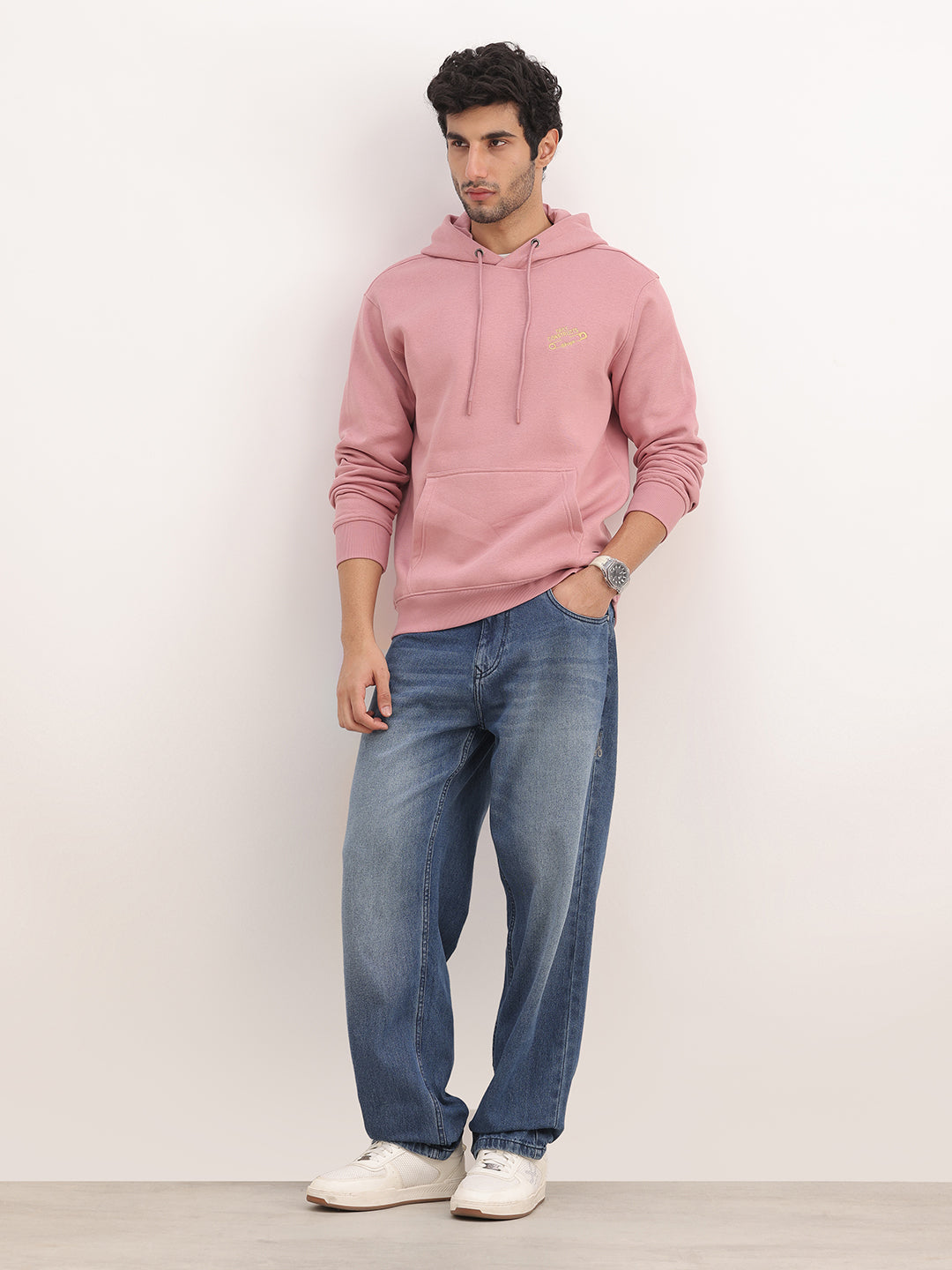 Comfort Fit Embroidery Detail Hooded Sweatshirt | Pink
