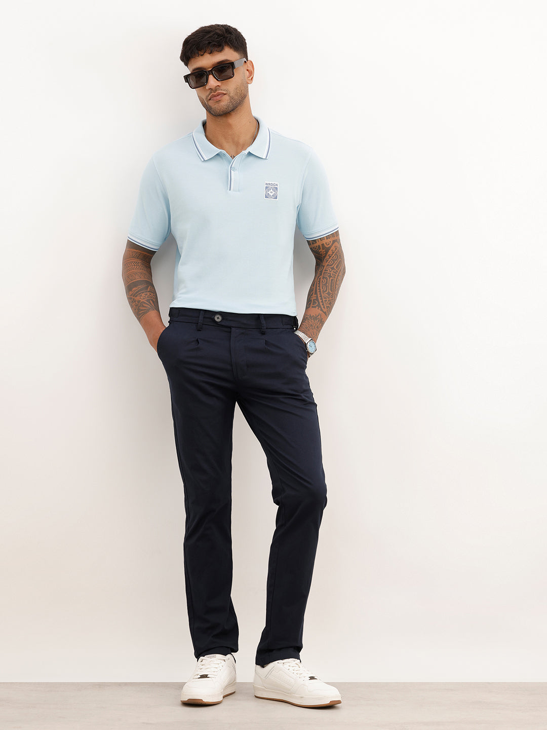 Solid Slim Fit Pleated Trouser | Navy Blue