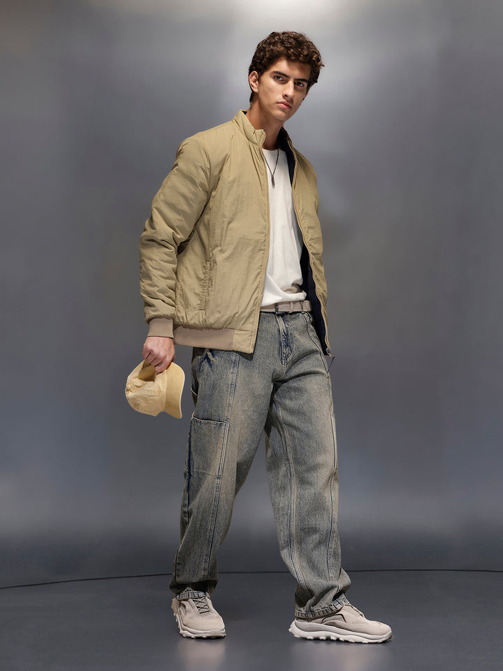 Men's Slim Fit Zip-up Nylon Jacket with Bottom Rib  |  Olive