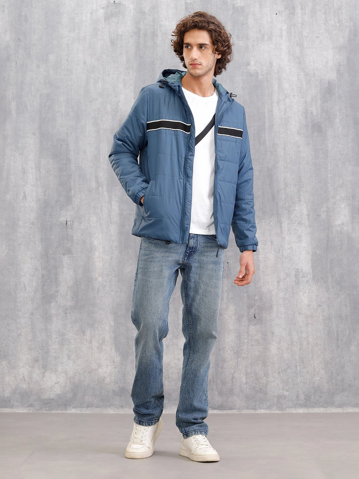 Quilted Hoodie Jacket With Tape Detail At Front I Blue