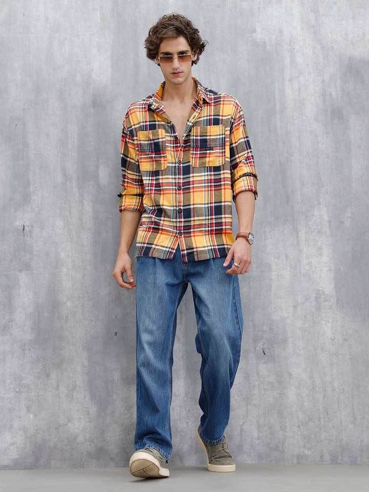 Wrogn Men's Checked Oversized Shirt | Yellow