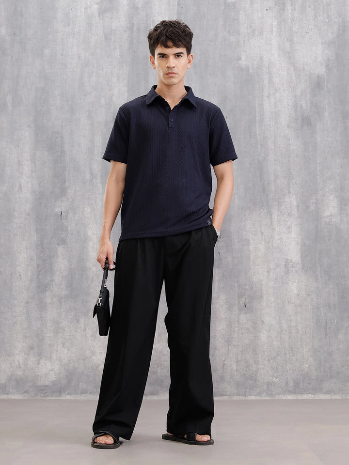 Jacquard Textured Knit Polo In Slim Fit   | Navy Blue
