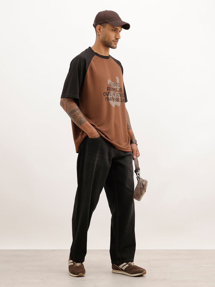 Placement Printed Raglan Collar T-Shirt | Brown