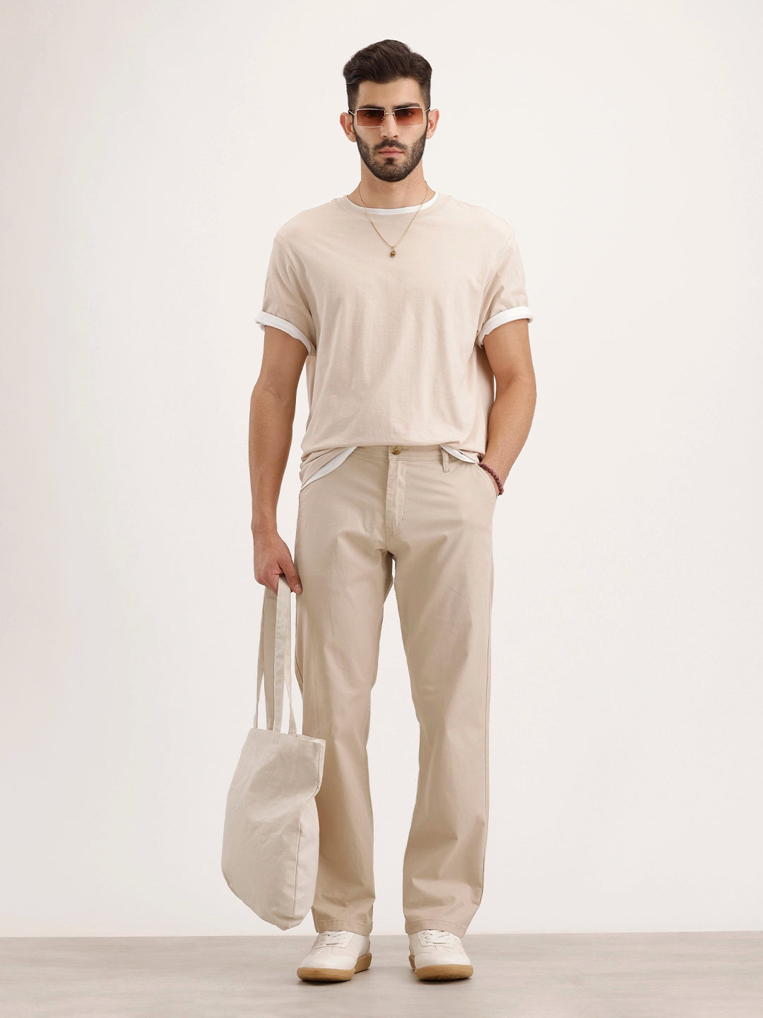 Straight Fit Solid Chinos | Beige