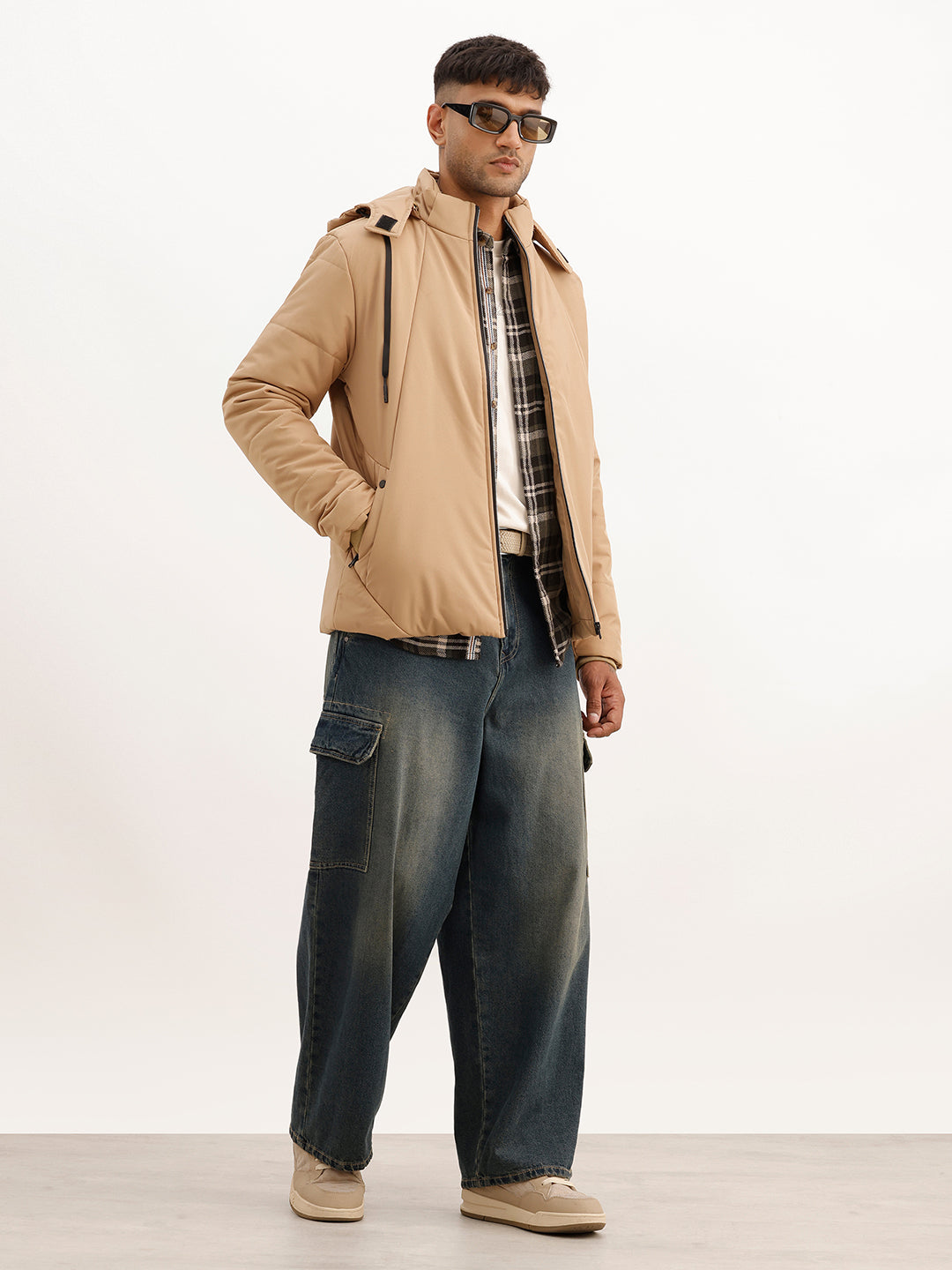 Solid Regular Fit Hooded Puffer Jacket | Beige
