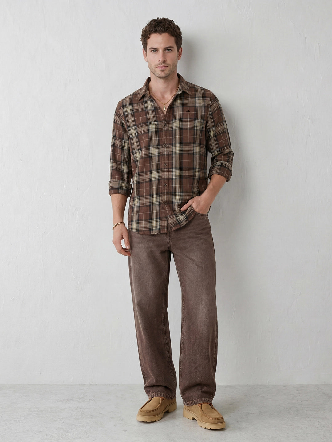 Classic Slim Fit Checkered Shirt | Brown