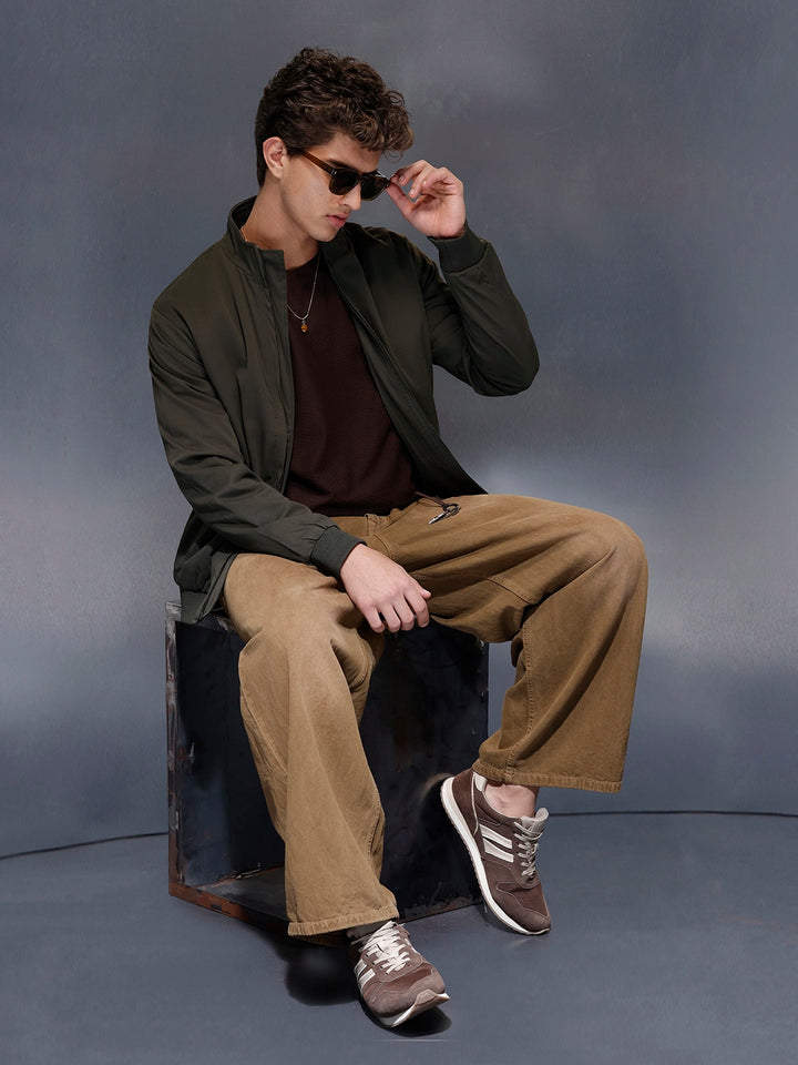 Minimal Olive Zip-Up Bomber Jacket | Olive