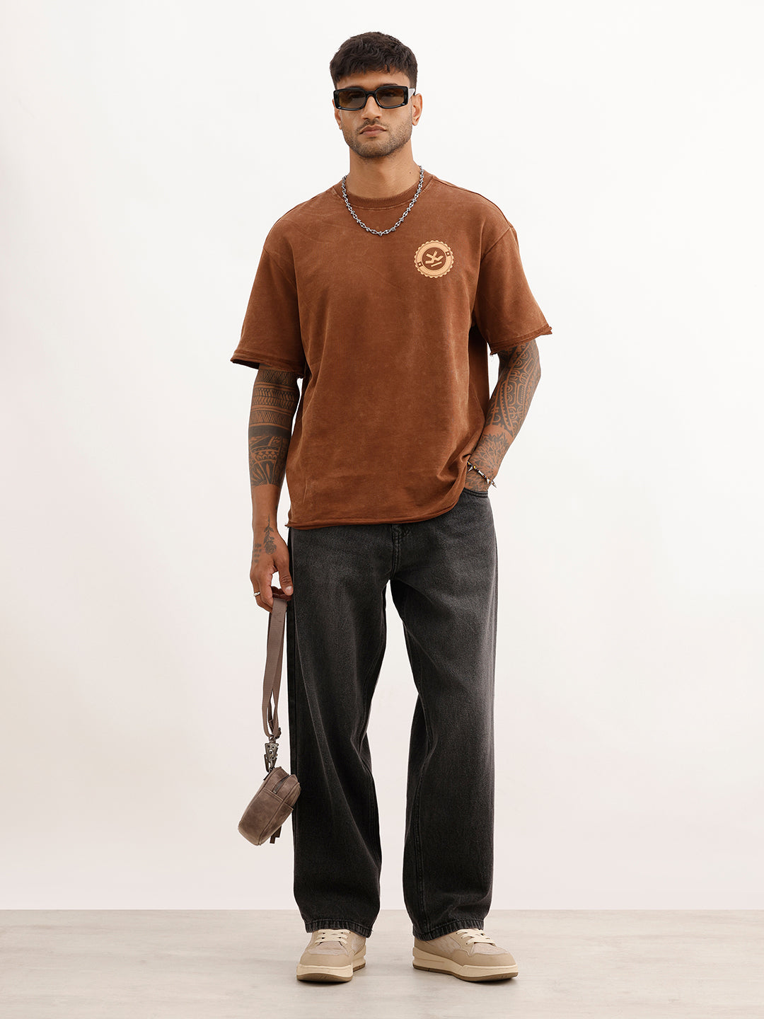Oversized Washed Back Printed T-Shirt | Brown | WTS02HSOS1077S