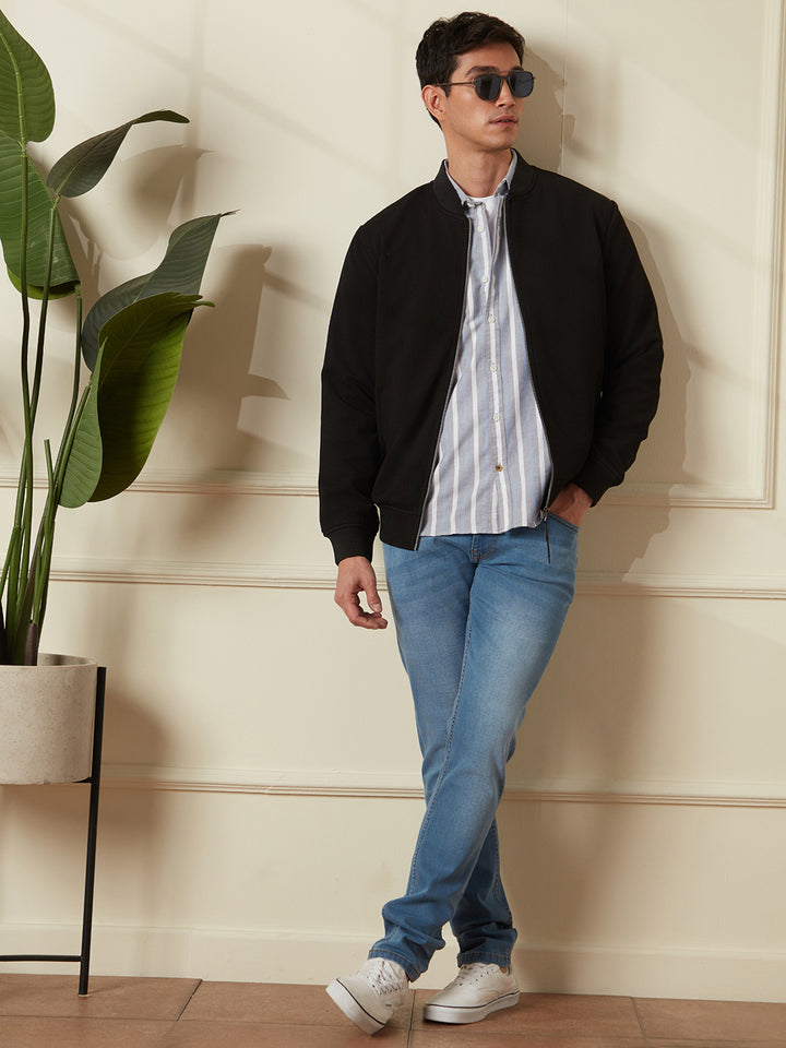 Solid Casual Black Bomber Jacket