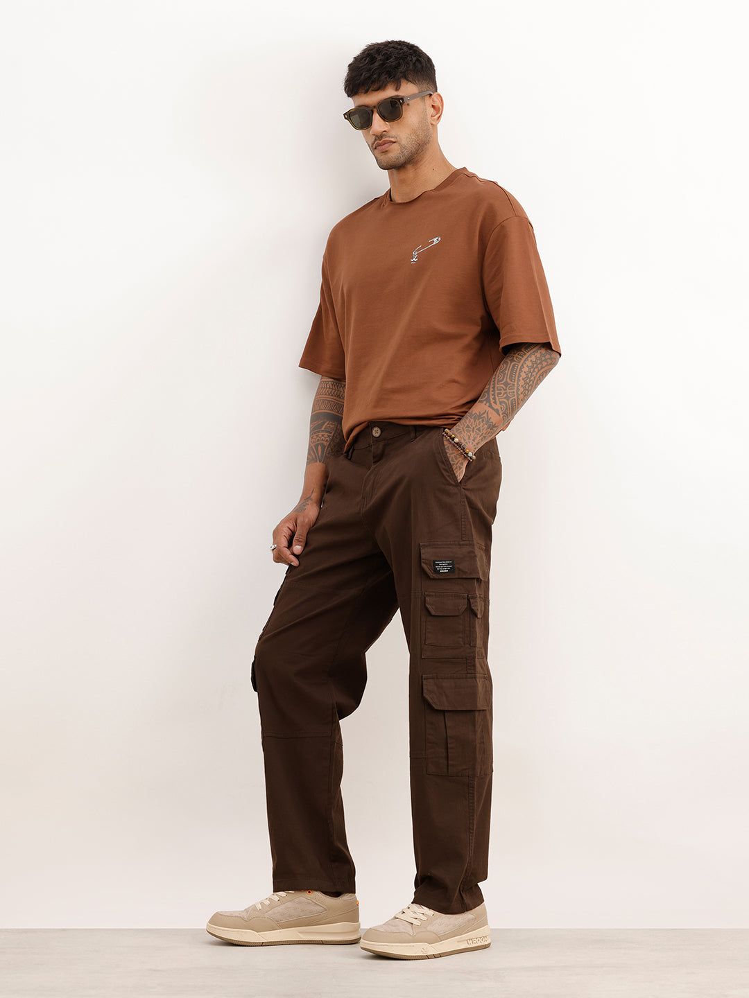 Solid Loose Fit Cargo Trouser | Brown