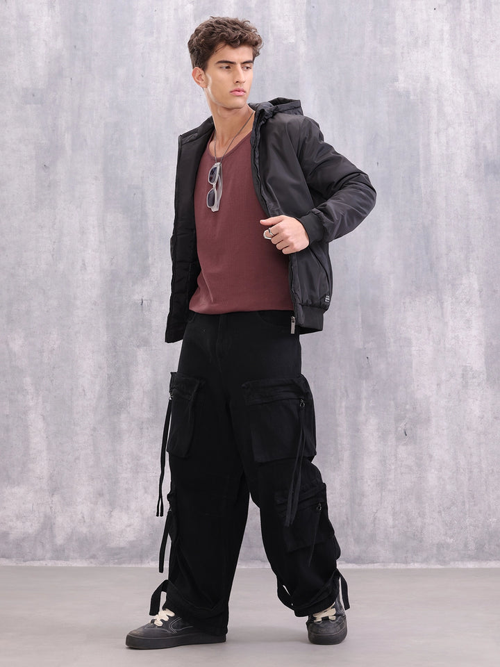 Casual Street Look Black Hooded Bomber Jacket For Men | Black
