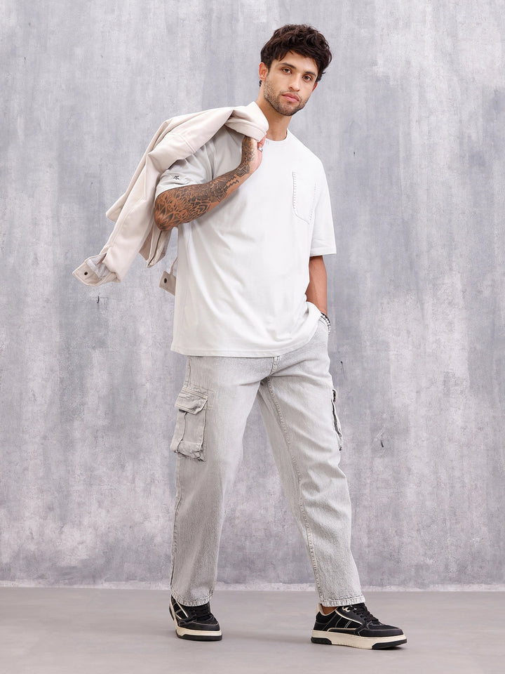 Contrast Stitch Detail Oversized Fit T-shirt With Patch Pocket | White