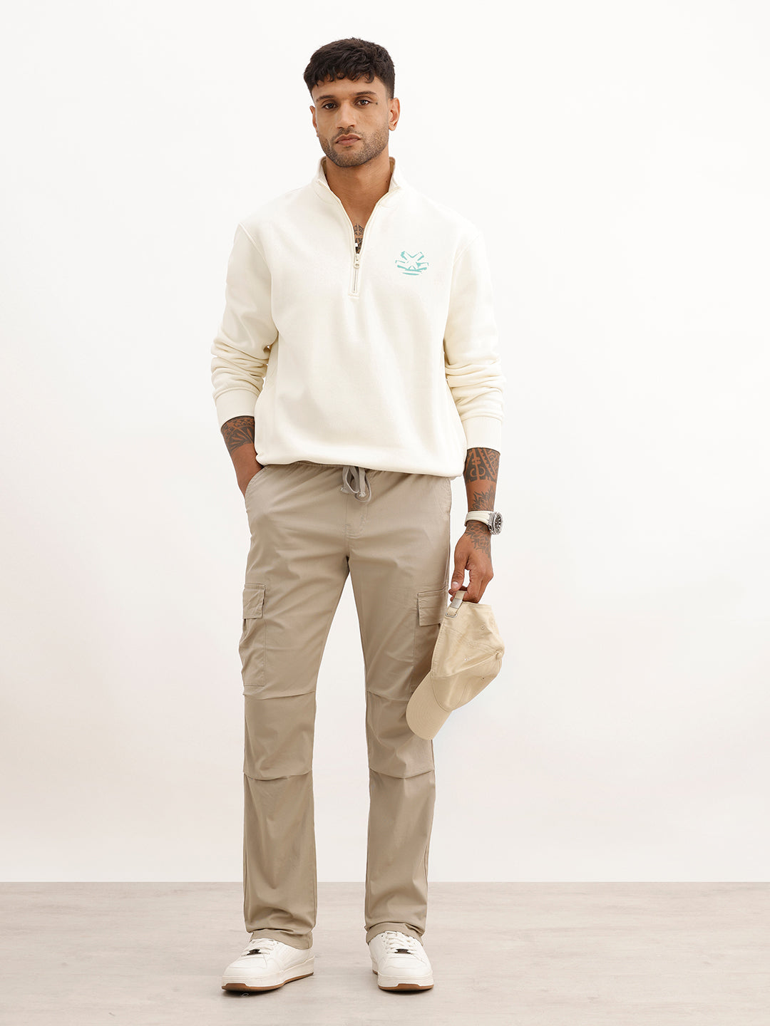 Solid Straight Fit Cargo Trouser | Beige