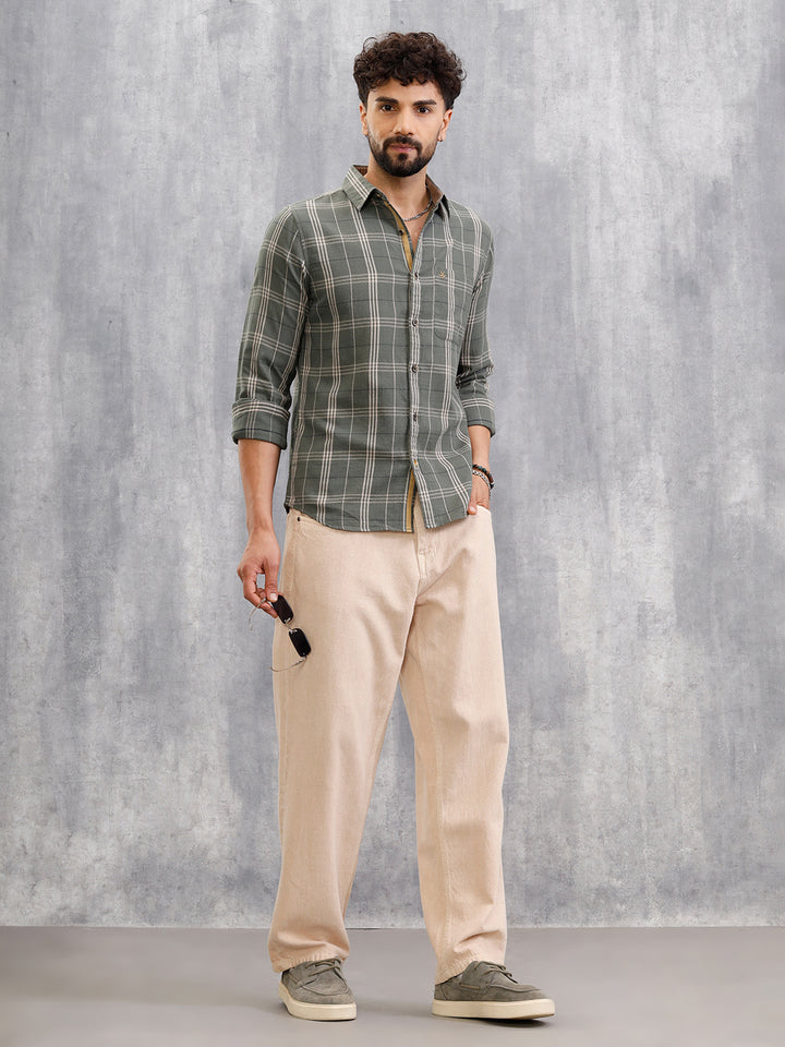 Dobby Textured Tonal Check Shirt In Slim Fit | Green