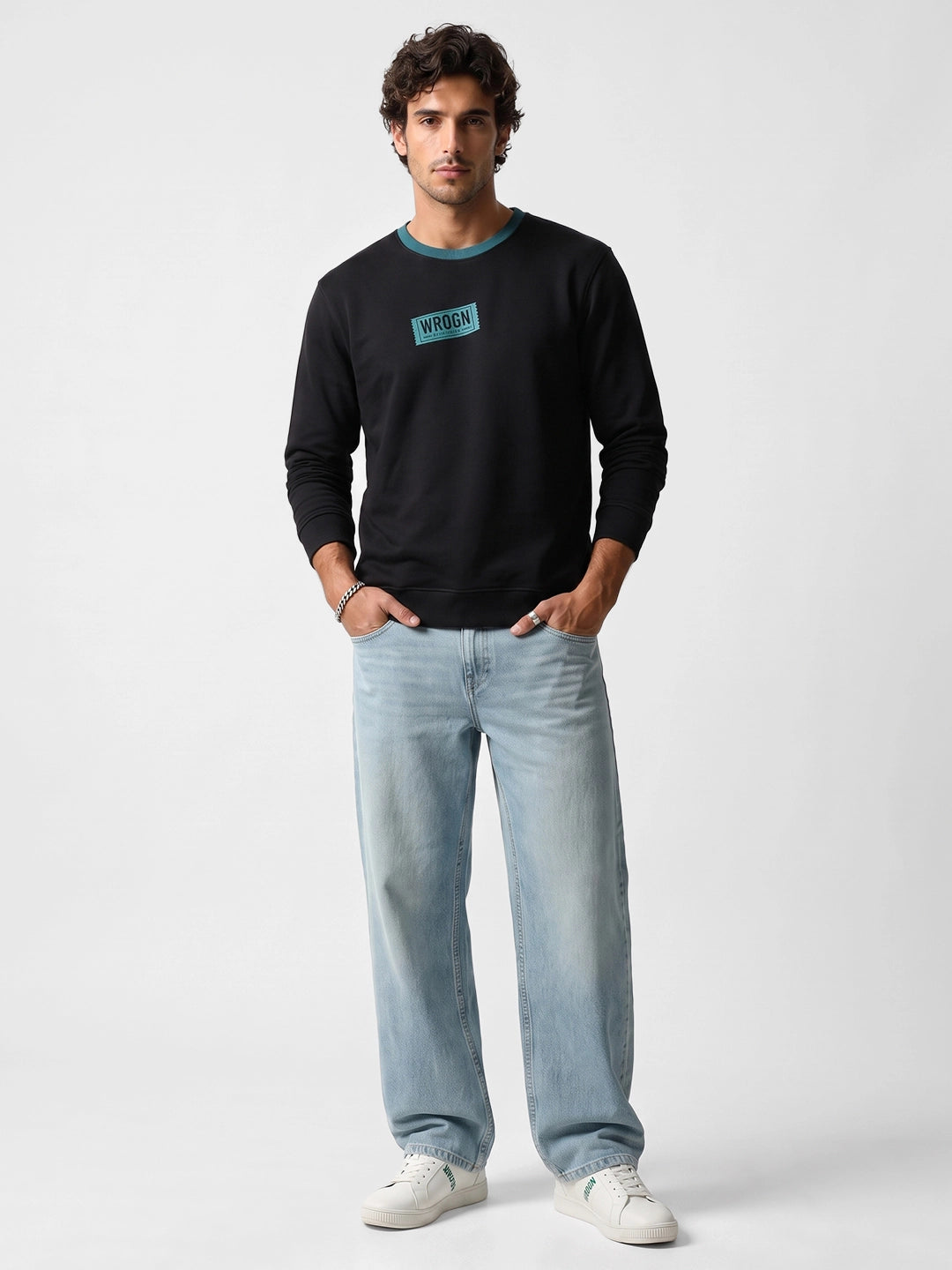 Contrast Collar Full Sleeve T-Shirt | Black